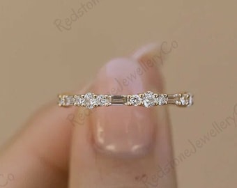Baguette Moissanite Wedding Band, Yellow Gold Half Eternity Ring