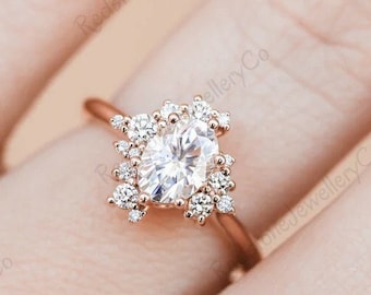 Oval Moissanite Cluster Engagement Ring, 14K Yellow Gold, Wedding Ring