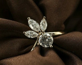 14k Gold Marquise Moissanite Wedding Band Ring, Round V Shape