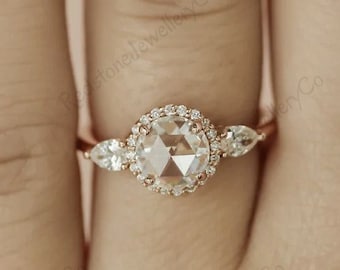 Rose Cut Moissanite Halo Ring, Gold Promise Ring