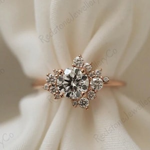 Round Cut Moissanite Engagement Ring, Round Diamond cluster ring, 14k Rose Gold Wedding Ring, Anniversary Gift For Her, Promise Ring