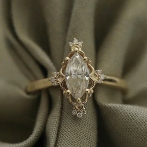 Marquise Halo Moissanite Ring, 14K White Gold Marquise Cut Moissanite Ring, Vintage Engagement Ring, Cluster Wedding Ring, Halo Ring