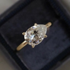 Anel de noivado moissanite 0,85ct, ouro sólido 14k, anel leste oeste, corte de pêra, anel de casamento, presente de aniversário, pêra, anel de noiva
