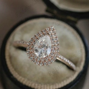 0.85CT Pear Cut Moissanite Double Halo Engagement Ring, Pear Cut Moissanite 925 Silver Ring, Perfect Art Deco Bridal Ring In 14K White Gold