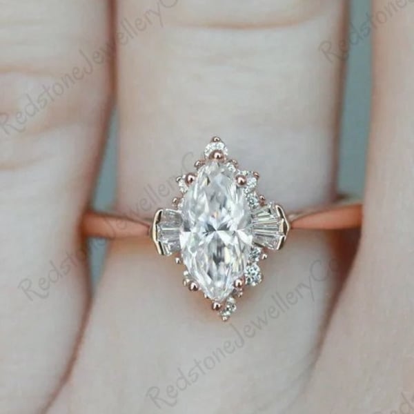 Marquise Cut Moissanite Engagement Ring/14K Rose Gold Ring/Art Deco Vintage Ring/Unique Moissanite Promise Ring/Three Stone Wedding Ring Her