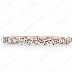 Vintage Diamond wedding band Rose gold Round cut moissanite matching band Stacking Delicate half eternity wedding band Anniversary ring