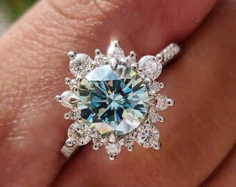Cyan Blue Moissanite Engagement Ring – Vintage Flower Halo, Snowflake Band