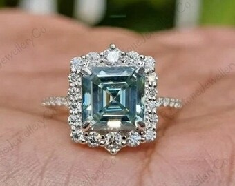 Green Aquamarine Asscher Cut Moissanite Engagement Ring, 14k White Gold Halo