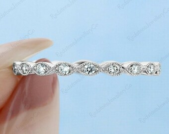 Moissanite Round Cut Wedding Band, 14k White Gold Eyelet Band