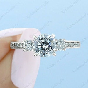 Three Stone Engagement Ring Round Cut Moissanite Engagement Ring Sterling Silver 3 Stone Wedding Ring For Women Anniversary Gift For Her