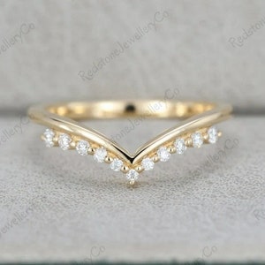 Art Deco V Shape Band Yellow Diamond 14K Solid Rose, Yellow and White Gold Wedding Ring, V Shape Ring, Chevron Band, Curved Wedding BandRing