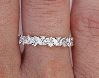 Moissanite Wedding Band, Marquise & Round Cut, Half Eternity Band