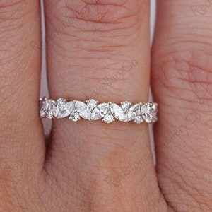 Moissanite Wedding Band, Marquise & Round Cut, Half Eternity Band