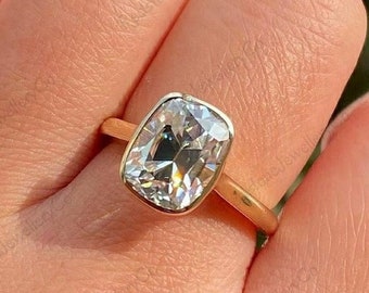 2.40 CT Cushion Cut Moissanite Ring, 14K Yellow Gold Bezel Solitaire