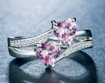 Pink Heart Moissanite Ring, 14k White Gold Split Shank, Toi et Moi Ring