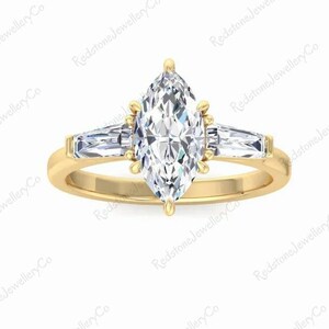 Moissanit-Verlobungsring im Marquise-Schliff, Ehering mit drei Steinen, seitlich gezapfter Moissanit-Ring im Baguette-Schliff für Frauen, Jubiläumsgeschenkring