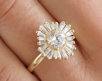 14K Yellow Gold Starburst Moissanite Engagement Ring, Baguette Halo