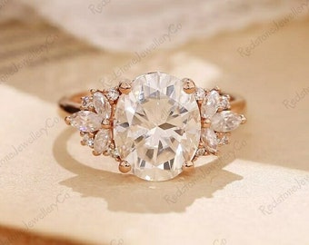 Anillo de compromiso con moissanita de talla ovalada, anillo Art Déco con racimo floral