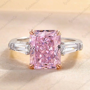Three Stone Engagement Ring, 4 Ct Radiant Cut Sapphire Ring, 14K White Gold Wedding Ring, Pink Sapphire Ring, Three Stone Radiant Cut Ring