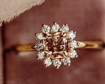 Champagne Cushion Moissanite Engagement Ring | 14K Rose Gold Hidden Halo