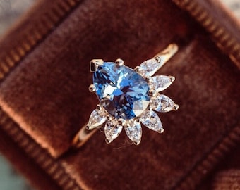 Pear Blue Moissanite Engagement Ring, Vintage Rose Gold Diamond Halo