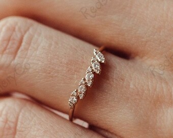 Rose Gold Curved Wedding Band: Vintage Moissanite Bridal Ring