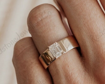 Emerald Cut Moissanite Cigar Ring, 14K Gold Wide Band