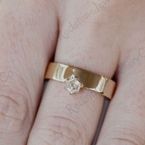 Hexagon Diamond Bezel Cigar Ring 14K Gold Wide Band, Wedding/Engagement Ring, Stackable Gold Ring, Everyday Diamond Ring, valentine day Gift