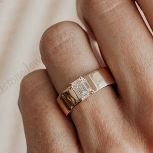 Smaragd Diamant Einfassung Zigarrenring 14K Gold breites Band, Hochzeit/Verlobungsring, stapelbarer Goldring, Alltäglicher Diamantring, Valentinstag Geschenk