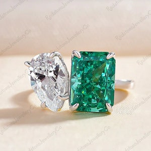 Toi et Moi Ring| Two Stone Engagement Ring| Birthstone Ring | Green Radiant and Pear Cut Ring| Anniversary Ring| Moissanite Toi et Moi Ring