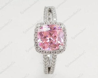 Pink Cushion Moissanite Halo Engagement Ring, Split Shank Band