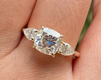 Cushion Cut Moissanite Engagement Ring, 14K Gold Three Stone Ring