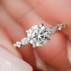 Dainty Engagement Ring/ 7mm Round Cut Moissanite Ring/ 14K White Gold Ring/ Prong Set Ring/ Stack Ring/ Promise Bridal Ring/ Ring For Women