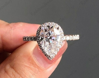 2.1CT Pear Cut Moissanite Halo Engagement Ring, Teardrop Wedding Ring