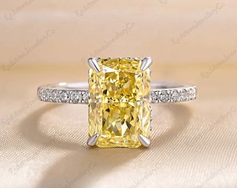 Yellow Radiant Cut Moissanite Engagement Ring, White Gold Hidden Halo
