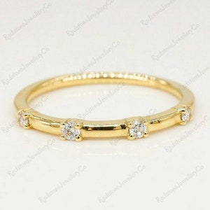 14K Yellow Gold Dainty Moissanite Wedding Band Womens Wedding Ring, Delicate Stacking Ring Stackable Band, Thin 4 Stone Diamond Wedding Band