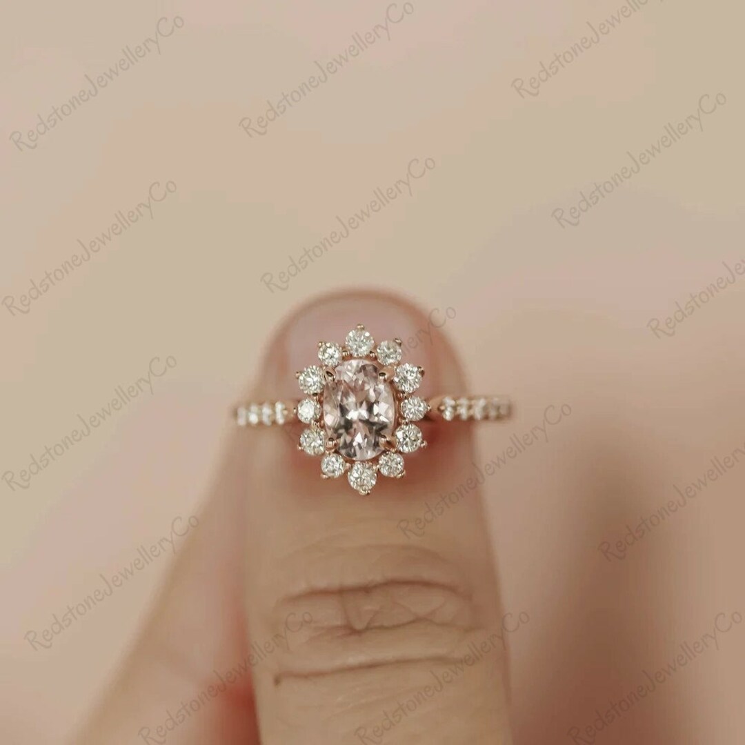 Champagne Peach Sapphire Engagement Ring Oval Halo Etsy