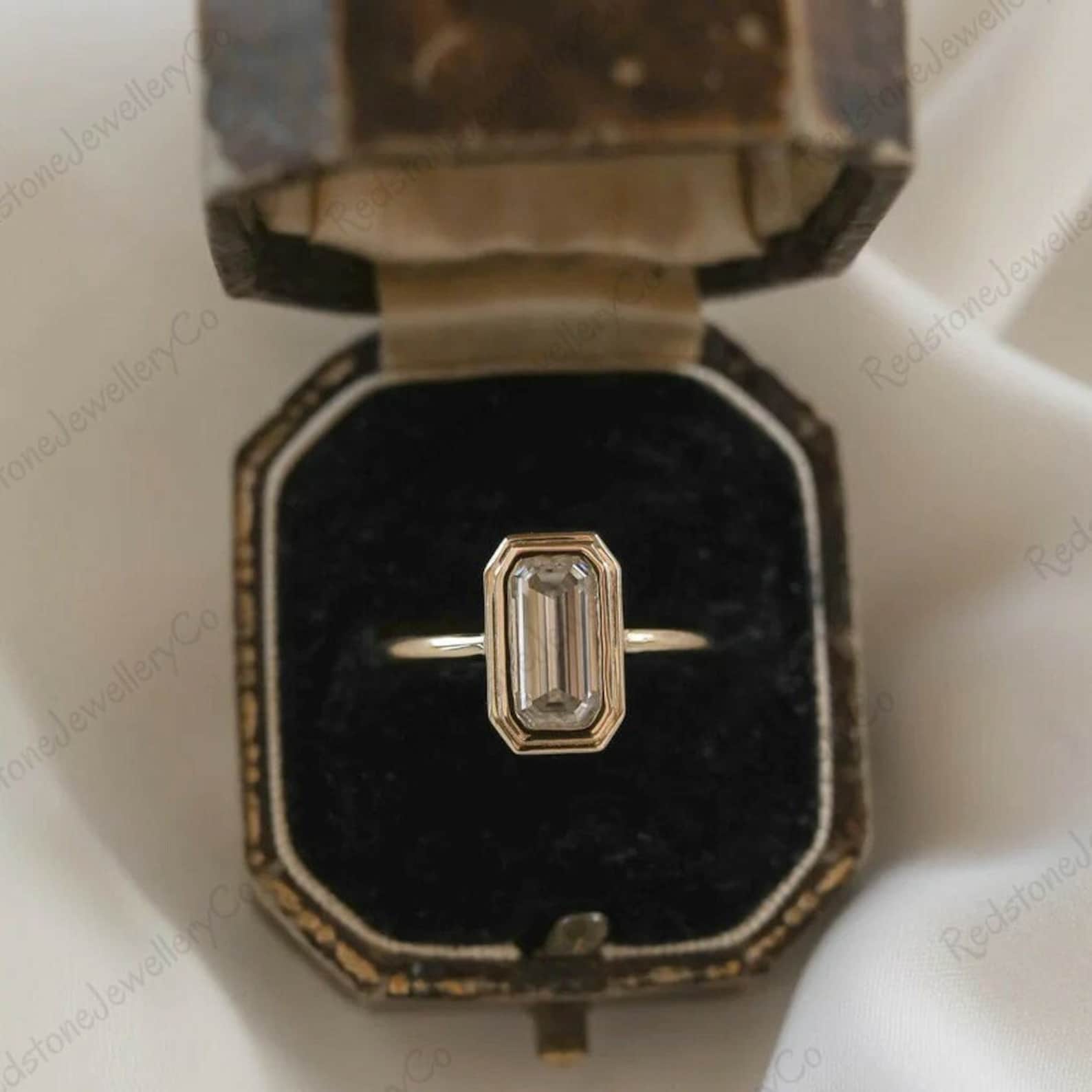 Emerald Cut Moissanite Solitaire Ring, 14K Yellow Gold Bezel Setting