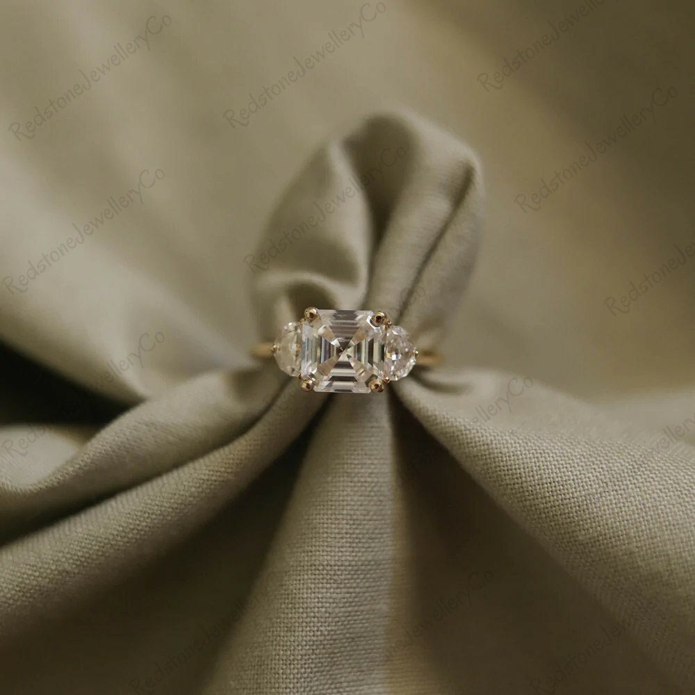 1.75ct Asscher Cut Moissanite Engagement Ring: 14K Yellow Gold Half ...