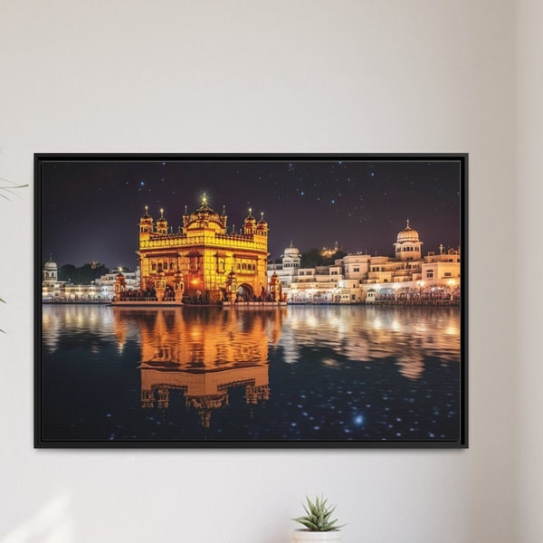 Framed Portrait Golden temple with background of Stars and shooting galaxies in night fantasy art Sikh Wall art decor sikh wall painting art