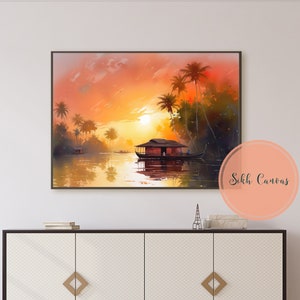 Kerala Backwaters Black Framed Watercolors painting scenic art wall decor Indian wall digital painting beautiful Kerala houseboats sunset