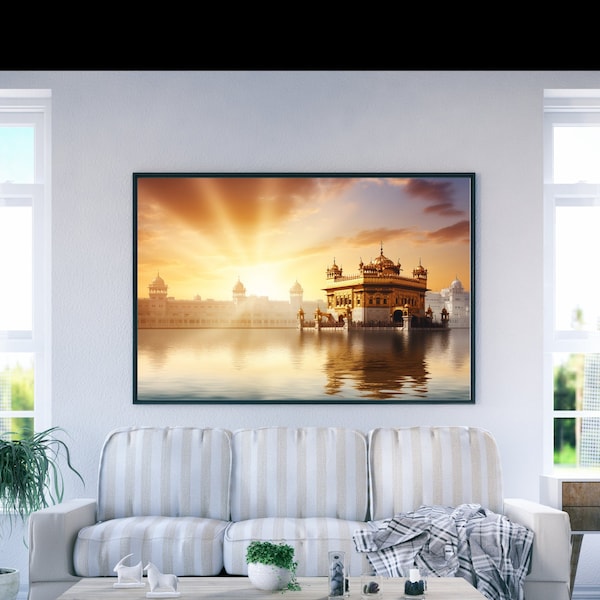 Framed Picture of Golden Temple Sri Harmandir Sahib in morning with Golden Sky Sikh Wall art sikh wall decor wall painting for Living room