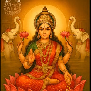 Goddess Lakshmi Digital Art Print, Hindu Goddess Wall Decor, Lakshmi on Lotus, Traditional Indian Divine Poster, Instant Download