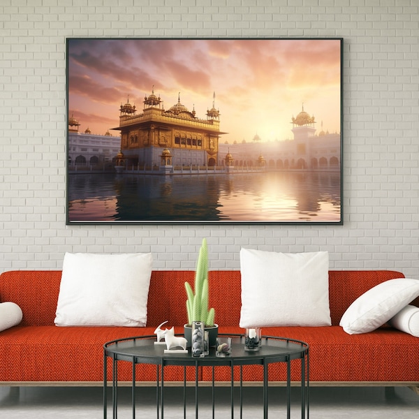 Golden Temple Sri Harmandir Sahib Framed Picture in morning with Golden Sky Sikh Wall art sikh wall decor wall painting for Living room art