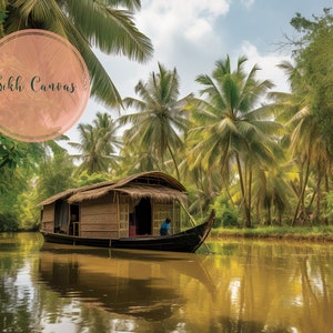 Kerala Backwaters painting realistic scenic art wall decor Indian wall digital painting beautiful Kerala houseboats village Picture