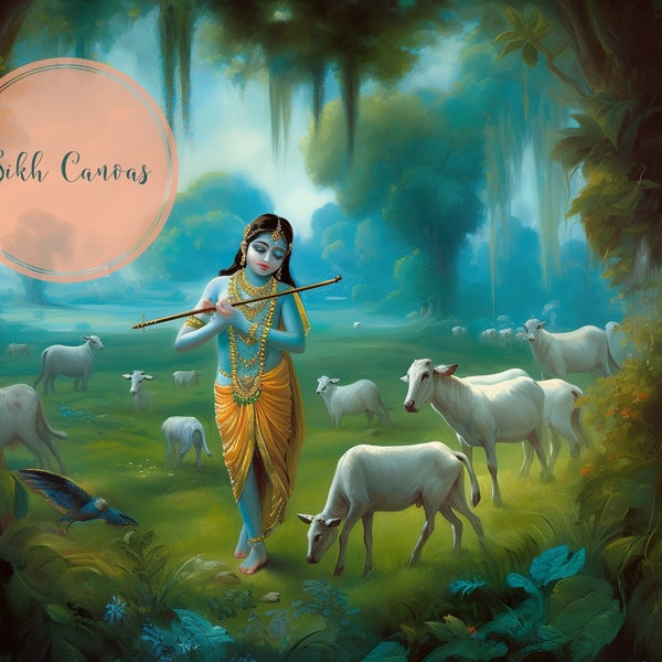 Hindu digital art Lord Krishna art flute Vrindavan Gardens Mathura Indian wall decor hinduism wall art  painting  krishna digital wallpaper