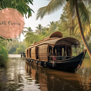 Kerala Backwaters painting realistic scenic art wall decor Indian wall digital painting beautiful Kerala houseboats village Picture