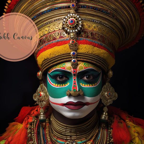 Portrait de danseuse de Kathakali, Malayalam Kerala peinture décoration murale indienne sud-asiatique Desi Art, Desi Girl Art, danses indiennes fille brune