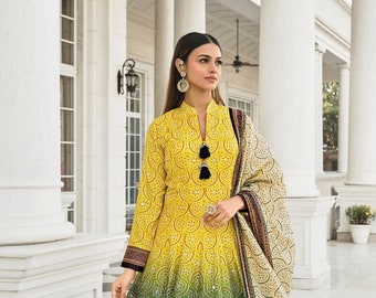 Shaded yellow Bandhni Print Gown with Hand work Designer Latkan Kali and Duppatta gown on Dolla Silk Fabric | bandhni gown | designer gown