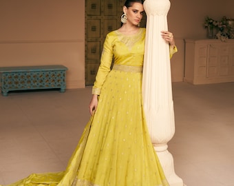 Yellow Premium Silk with Detailed Embroidery Anarkali Dress | Designer Dress | Georgette